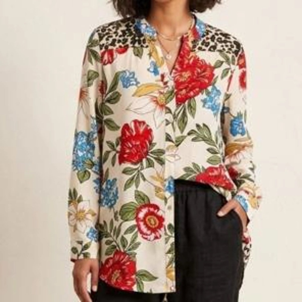 (CL) Figueroa & Flower Floral Leopard Mixed Print Button Down Blouse Cream Red L